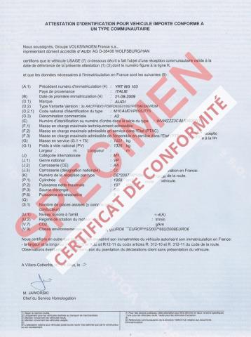 Certificat de Conformité Officiel Audi