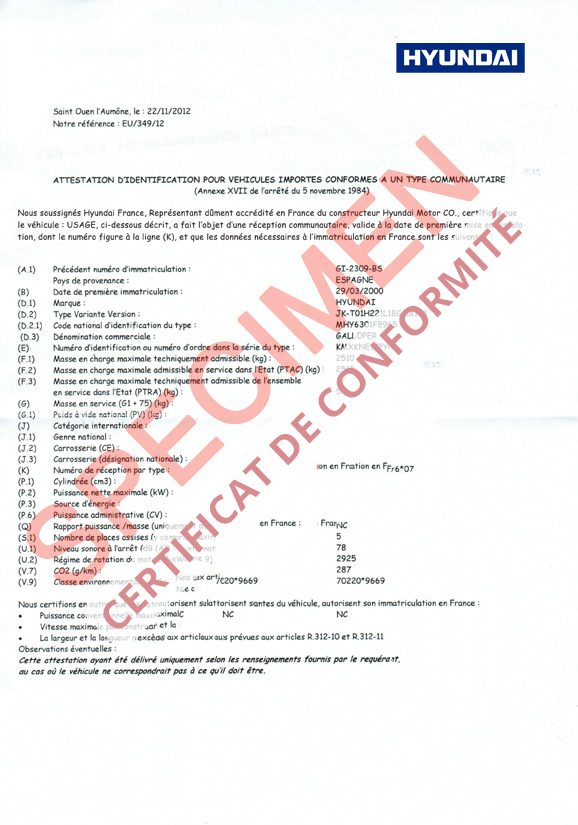 Certificat de conformité (COC) Hyundai en France