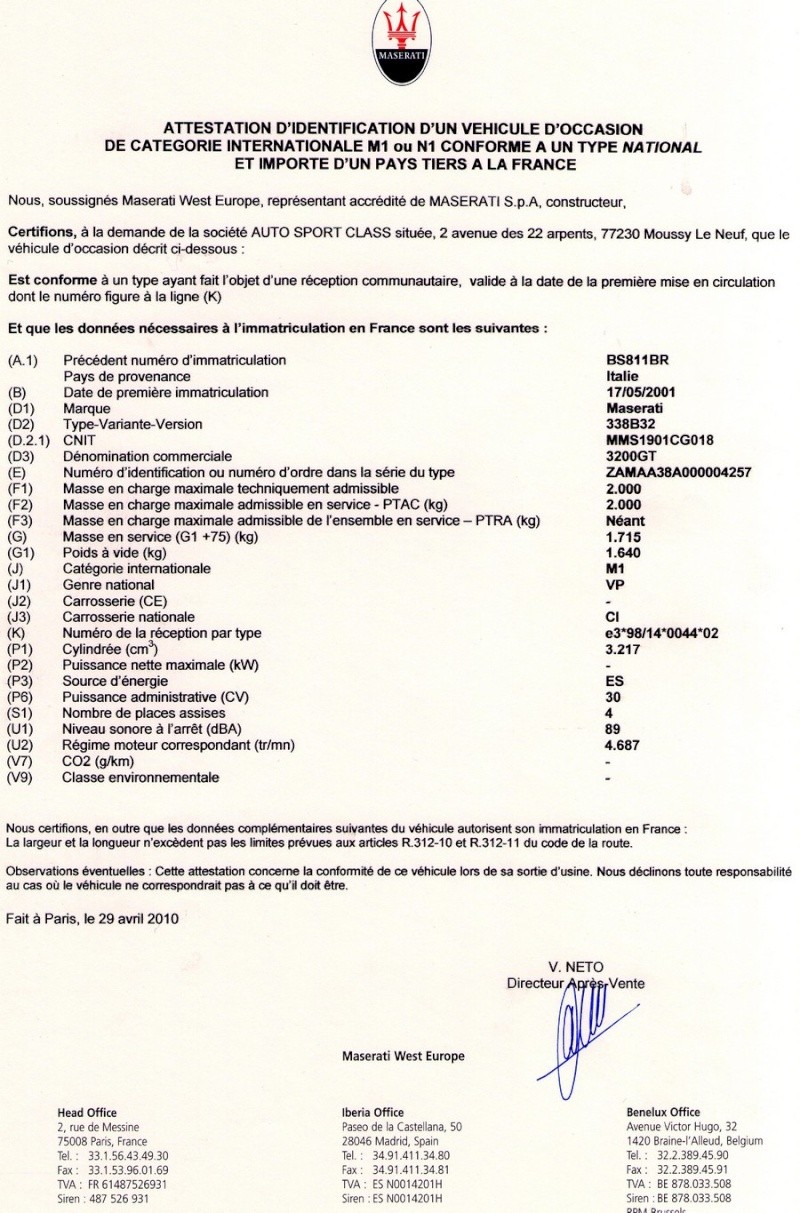 Quel est le délai  pour obtenir un certificat de conformité  Maserati ? 