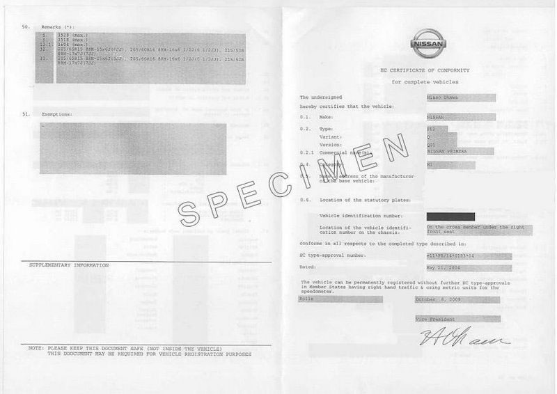  Certificat de conformité Nissan pour carte grise