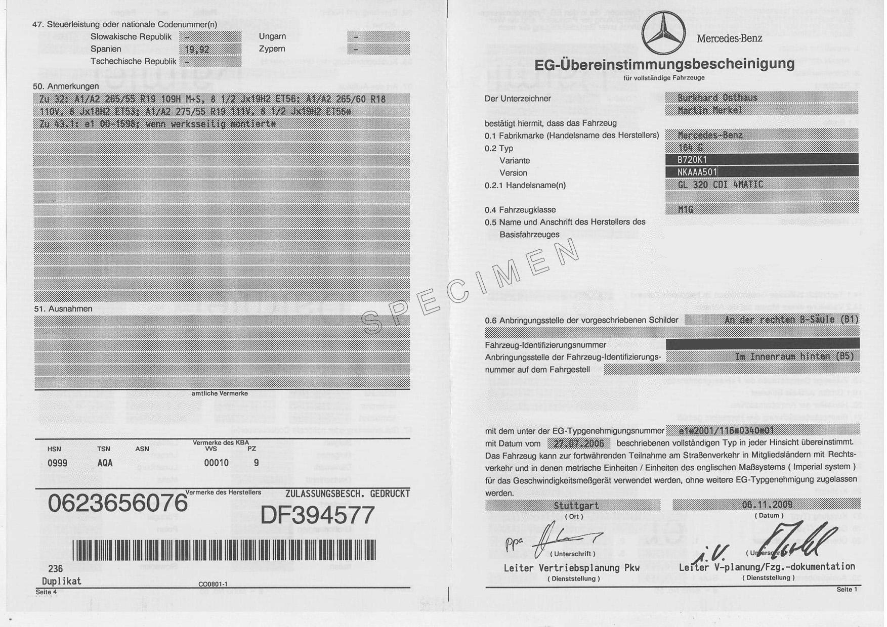 Certificat de conformité officiel Mercedes