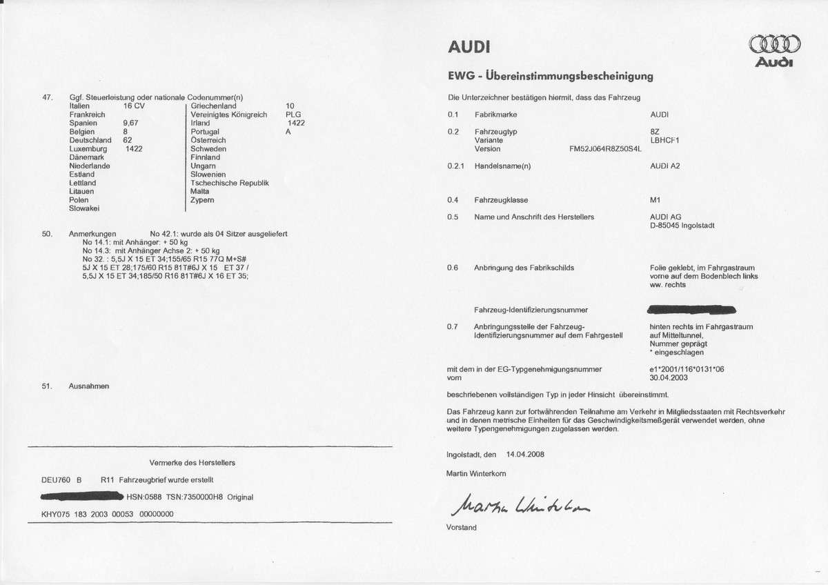 Comment obtenir un certificat de conformité Audi pour une voiture Audi importée 